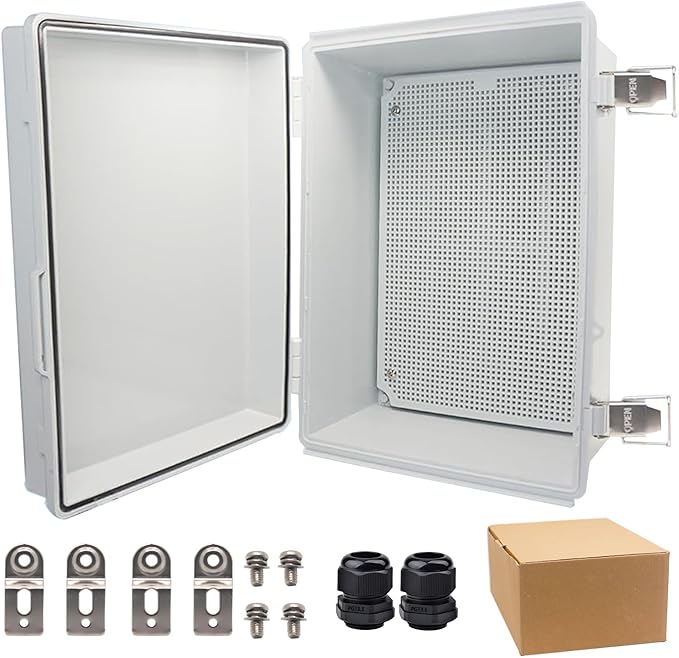 Waterproof Electrical Box,IP67 Junction Box Hinged Grey Cover ABS Project Boxes for Electronics DIY Enclosure with Mounting Plate Wall Bracket and 2 Cable Glands 13.8" x 9.8" x 5.9" by YETLEBOX