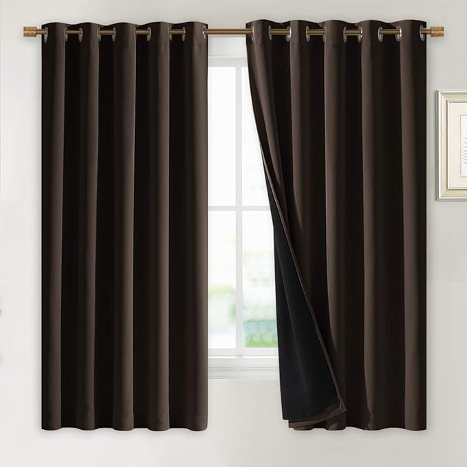 NICETOWN Complete 100% Blackout Curtains, Thermal Insulated & Energy Efficiency Window Draperies with Black Liner, Noise Reducing Short Curtains for Kids Room (Brown, 70-inch W by 63-inch L, 2 Panels) - Image 2