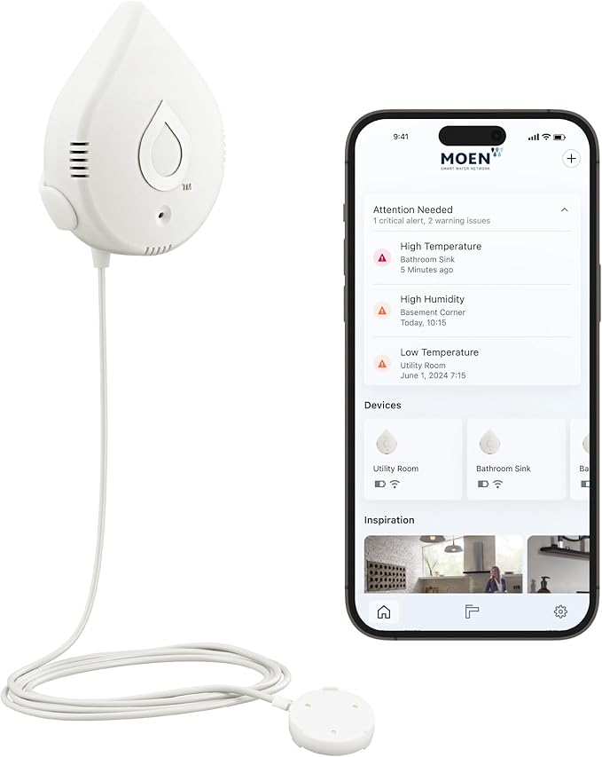 Moen Flo Smart Water Leak Detector, Drip or Flood Sensor Alarm for Home, 1-Pack, White, 920-004 by Moen