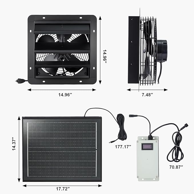 GROWNEER Solar Powered Exhaust Fan, 30W Solar Panel+12" High Speed Solar Powered Fans with Power Adapter, Waterproof Solar Fan with Bracket for Shed, Chicken Coop, Greenhouse, Attic - Image 9