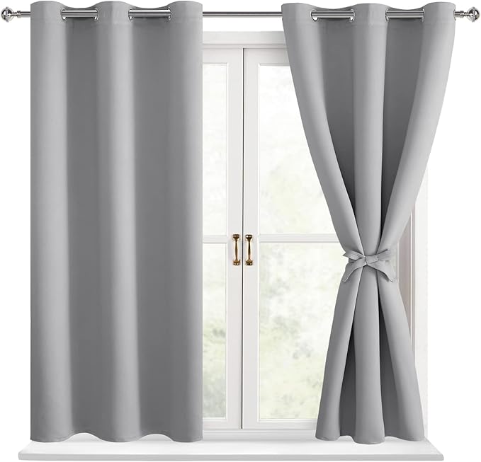 Hiasan Short Blackout Curtains for Bedroom - Thermal Insulated & Light Blocking Window Curtains for Living Room, 2 Drape Panels Sewn with Tiebacks, Silver Grey, 38 x 45 Inch by Hiasan