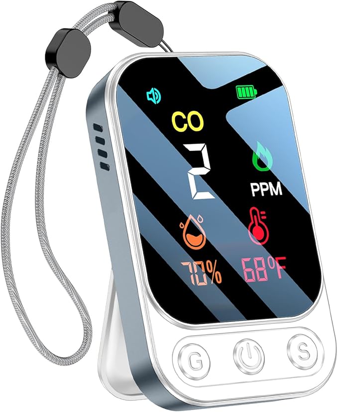 Portable Carbon Monoxide Detectors [3-in-1] Mini Size CO Monitor with Kickstand & Lanyard Alarm [ CO Temperature Humidity Sensor ] for Outdoor Camping Travel RV Home Hotel (3IN1 Grey) by HAKINAKU