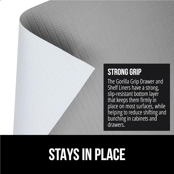 GORILLA GRIP DripGuard Shelf Liner, Non-Adhesive Drawer and Kitchen Cabinet Protector, Strong Grip Slip Resistant Underside, Smooth Surface Liners for Cabinets, Bathroom Closets 17.5x240 In Light Gray - Image 3