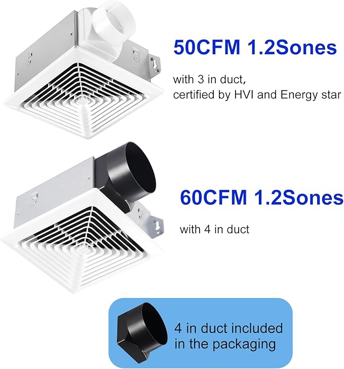 Bathroom Exhaust Fan 50 CFM,1.2 Sone, 3&4-Inch Duct Included, No Attic Access Needed, Energy Star, Easy to Install,Ceiling or Wall Mounted, Classic White Grille - Image 2