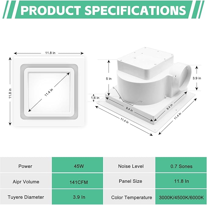 Bathroom Ventilation Fan with Light,With light color controller,12W Square LED 3000K/4500K/6000K,141 CFM,0.7 Sones Quiet Bathroom Exhaust Fan,White(3-Colour LED) - Image 2