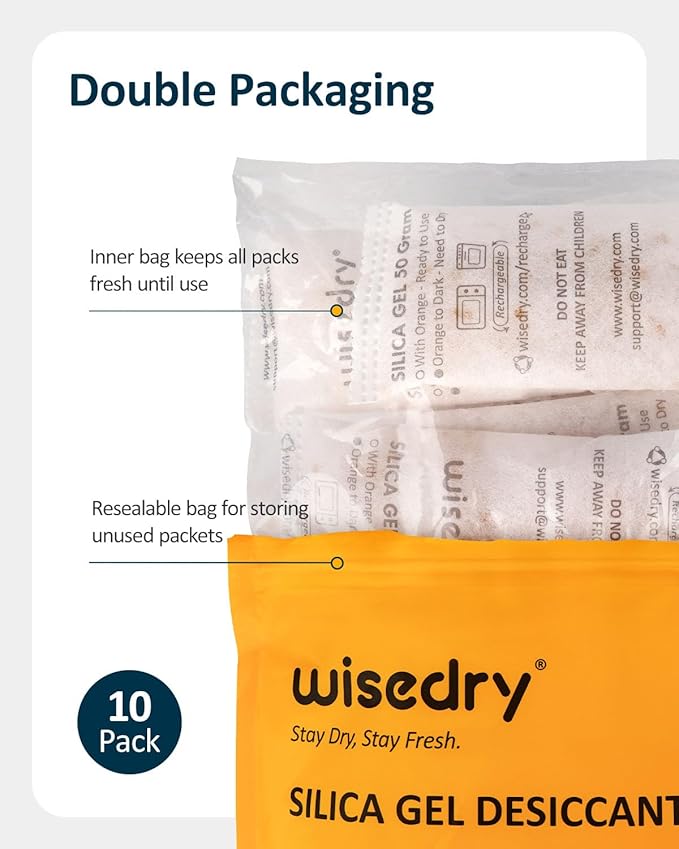 wisedry 50 Gram [10 Packs] Silica Gel Packets Microwave Fast Reactivate Desiccan Packs with Indicating Beads - Image 7