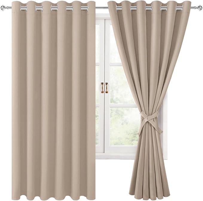 Hiasan Grommet Blackout Curtains for Bedroom, 70 x 63 Inches - Thermal Insulated & Light Blocking Window Drapes for Living Room/Dorm Room, Set of 2 Panels Sewn with Tiebacks, Camel by Hiasan