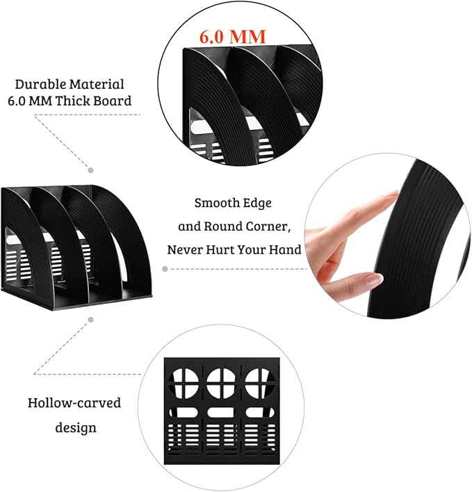Marte Vanci 2 Pcs Magazine File Holder Book Desktop Organizer Plastic Storage Sturdy Vertical 3 Section Folder (Black) - Image 3