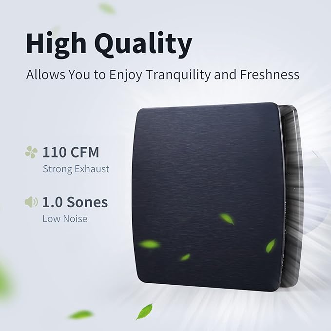 Zeyzer Black Bathroom Fan 110 CFM 1.0 Sone 5.9" Duct Square Ceiling or Wall Mount Ventilation Exhaust Fan for Bathroom/Corridor/Office/Laundry Room/SHop - Image 2