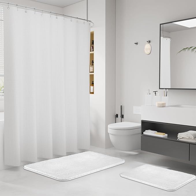 White Bathroom Set, White Bathroom Accessories Sets with Shower Curtain and No-Slip Bath Rugs, Natural Loofah Sponge, Soap Dispenser, Toothbrush Holder, Toothbrush Cup and Tray for Bathroom - Image 2
