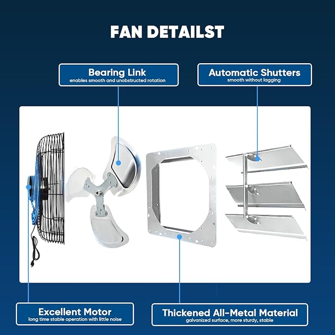 KEN BROWN 12 Inch Shutter Exhaust Fan, Gable Vent Fan, Wall Mount Ventilation, High Speed 1450 CFM, Automatic Aluminum Blades, for Garages, Shop, Greenhouse, Attic, with Power Cord - Image 4