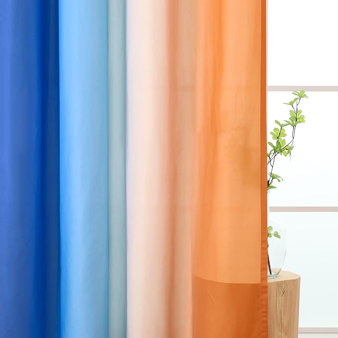 L.Z.E Navy Blue Orange Ombre Privacy Curtains 63 Inches Long for Living Room, Light Filtering Non-See-Through Curtains & Drapes for Nursery, Colorful Short Window Treatment Grommet Top 2 Panels Set - Image 3