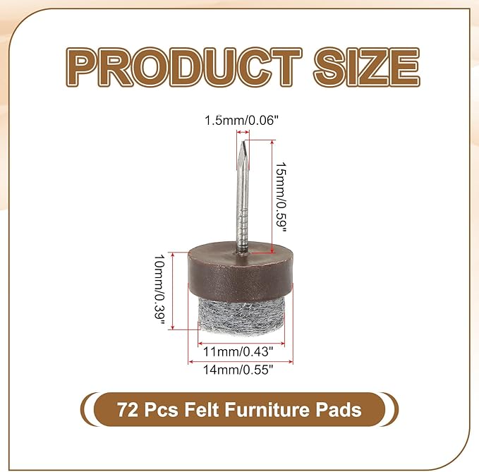 PATIKIL 14 mm Nail-on Felt Pads, 72 Pcs Round Felt Furniture Sliders Pads Heavy Duty Floor Protectors for Wooden Chair Sofa Cabinet Table Leg Feet Hardwood Floors, Brown - Image 2