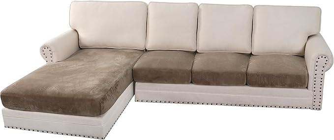 H.VERSAILTEX Velvet Stretch Sectional Couch Covers 4 Pieces Sofa Seat Cushion Covers L Shape Separate Couch Cover for Both Left/Right Sectional Couch (Large Sofa 3 Seater + 1 Chaise, Mocha) by HVERSAILTEX