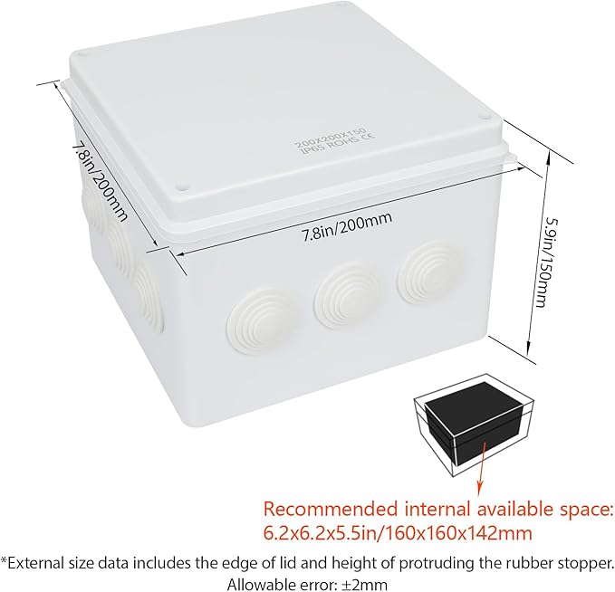LeMotech Junction Box, ABS Plastic IP65 Waterproof and Dustproof, Universal Electrical Enclosure, Outdoor and Indoor Project Box 7.8X 7.8X 5.9 inch (200 x 200 x 150 mm) - Image 2