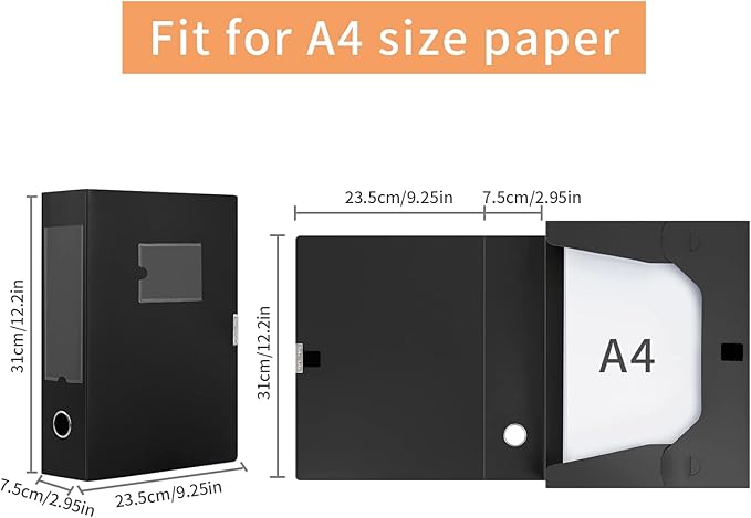 HUA JIE A4 Storage File Boxes Plastic Archives Cases with Lid, File Folder Organizer Document Filing Box for office,31×7.5×23.5 cm, Black(Pack of 6) - Image 4