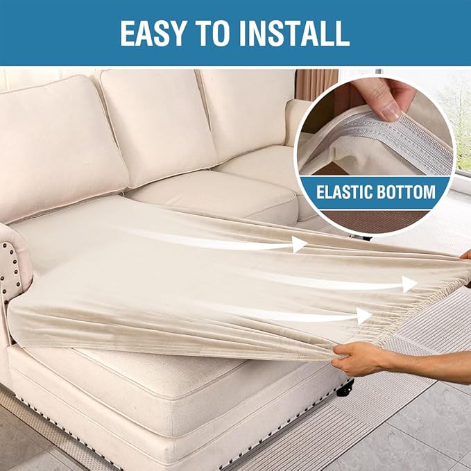 H.VERSAILTEX Velvet Stretch Individual Chaise Cover Sectional Couch Covers for L Shaped Sofa Both Left/Right Furniture Protector Seat Cushion Sofa Cover (1 Piece Chaise Cover, Ivory) - Image 4