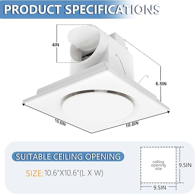 Bathroom Fan Ultra-Quiet Bathroom Ventilation, Exhaust Fan,123CFM 0.7 Sones 40W,4 Inch Duct Collar,White,9 Inch Opening size,Easy to Install & Replace (No Light Fan) - Image 2