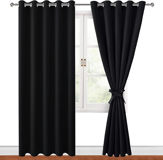 Hiasan Blackout Curtains for Bedroom, 60 x 84 Inches Long - Thermal Insulated & Noise reducing Window Curtains for Living Room, 2 Drape Panels Sewn with Tiebacks, Black by Hiasan