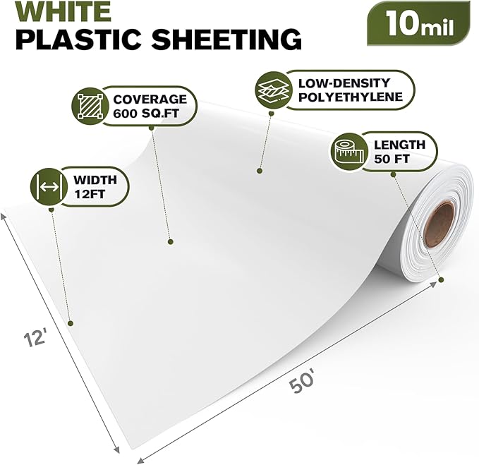 White Crawl Space Vapor Barrier, 10 Mil Vapor Barrier, 12' x 50', Heavy Duty Polyethylene Film, Thick Plastic Sheeting, Plastic Drop Cloth Covering for Crawlspace, Basement, White - Image 3