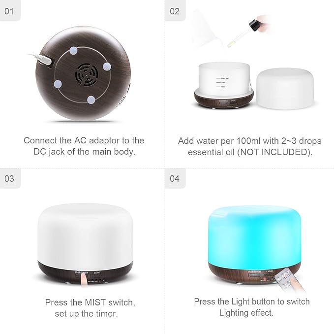 300ML Essential Oil Diffuser with Remote Control,Ultrasonic Aromatherapy Air Diffuser Humidifier,Aroma Diffuser with 7 LED Color Changing Light for Large Room,Home (Dark Wood Grain) - Image 6
