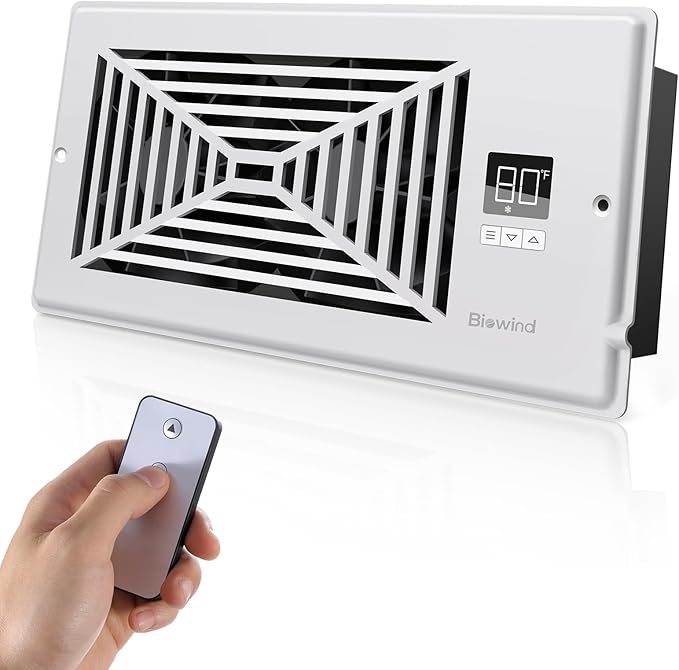 Quiet Register Booster Fan Fits 4" x 10" Register Holes, 10-Speed Smart Heating Cooling AC Vent Fan with Remote Control and Thermostat Control - White by BIOWIND