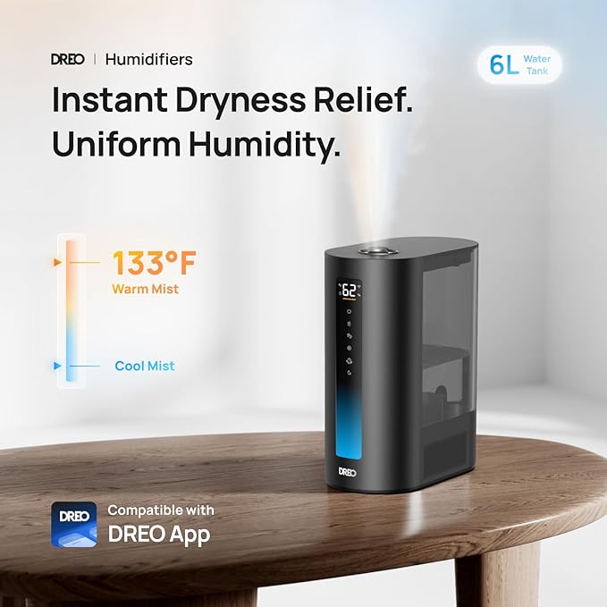 DREO 6L Humidifiers for Bedroom, Smart Warm & Cool Mist for Large Room, 60Hr Quiet Runtime for Baby, Plant, Humidity Sensor, Indicator Light, 12H Timer, Google/Alexa, Black - Image 2