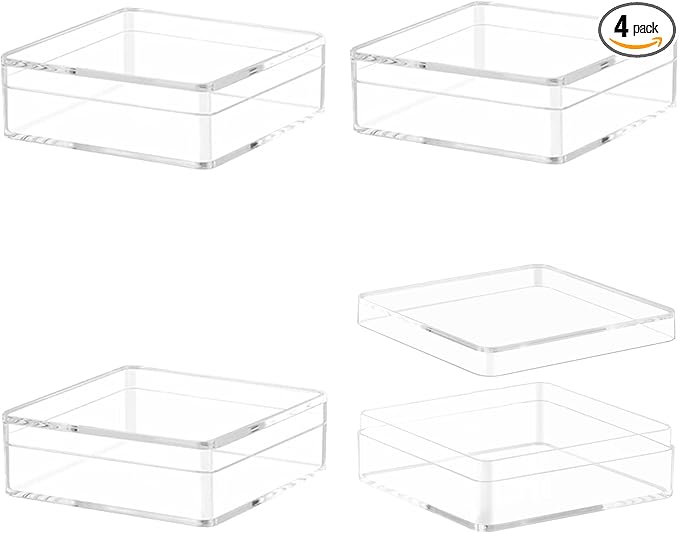 Clear Square Cube Acrylic Box 4 Packs With Lid - Transparent Storage Containers for Candy, Pills, and Tiny Jewelry - 4 x 4 x 2.4 Inch by LOVPLAY