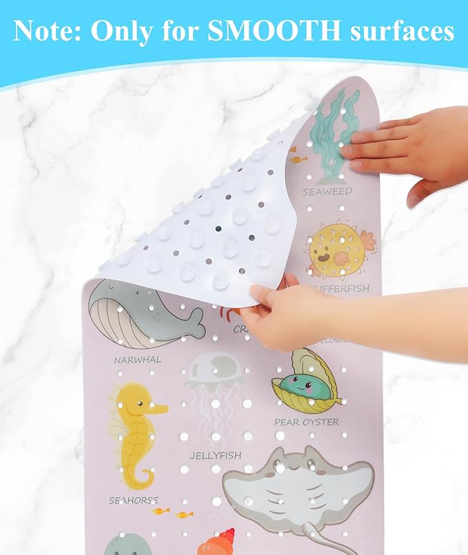 Bath Mat for Tub Non Slip, Machine Washable Anti-Slip Cartoon Baby Bathtub Shower Mat with Drain Holes and Suction Cups for Toddler & Kids, 40 Inch x 16 Inch, Pink Sea Animals - Image 4