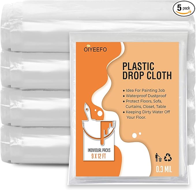 Clear Plastic Sheeting Drop Cloths for Painting, 5 Pcs 9x12ft Plastic Tarp Waterproof Dustproof Almost Tear Resistance Multi-Purpose Furniture Cover Floor Wall Protection Film by Oiyeefo