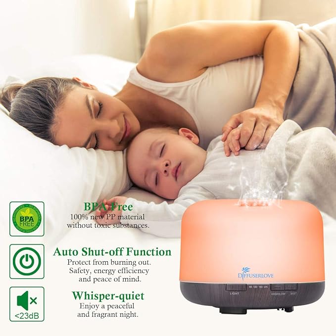 Diffuserlove Essential Oil Diffuser 500ML Aromatherapy Diffuser Mist Humidifiers 7 Color LED Lights Diffusers for Home Office Bedroom (Size:6.7" L x 6.7" W x 4.7" H) - Image 7