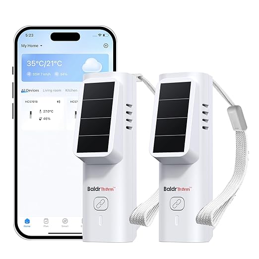 BaldrTherm Solar Bluetooth Temperature & Humidity Monitor, Wireless Thermometer with Date Storage, Real-Time Alerts, 262 Feet Connecting Range, Apply for Room Greenhouse, Pet Cages, 2pack by BaldrTherm
