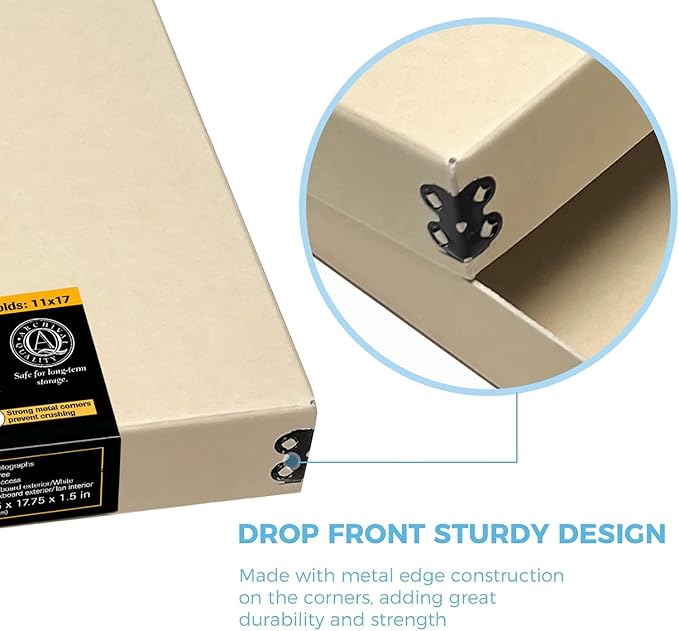 Lineco Museum Archival Storage Box, 11.75x17.75x1.5 in. Drop Front Design. Acid-Free with Metal Edge. Organize Photos, Pictures, Prints, Documents, Crafts, DIY. Tan, 1 Pack - Image 5