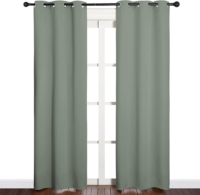 NICETOWN Window Curtain Panels, Thermal Insulated Solid Grommet Blackout Draperies/Drapes for Basement (Greyish Green, 1 Pair, 34 by 84-inch) - Image 2