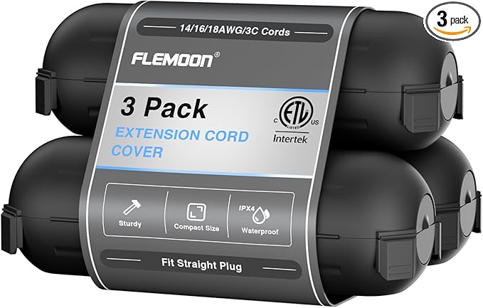 Flemoon [3 Pack] Outdoor Extension Cord Safety Cover with Waterproof Seal, Weatherproof Electrical Connection Box to Protect Outdoor Outlet, Plug, Socket, Christmas Holiday Decoration Light, Black by FLEMOON