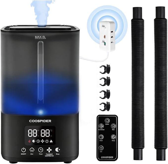 Coospider Grow Tent Humidifiers with Dual Hose, Quiet Cool Mist Fogger with Timer & Humidity Control, Humidifier for Indoor Plants, Grow Room, Mushroom, Terrarium, Bedroom, Greenhouse by Coospider