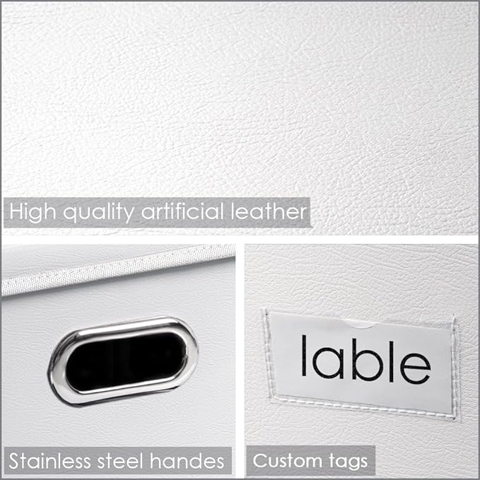 PRANDOM Collapsible Storage Box with Lid [3-Pack] Leather Fabric Foldable Storage Bin Organizer Container Basket Cube with Cover for Home Bedroom Closet Office Nursery White(13.6x9.6x6.9) - Image 3