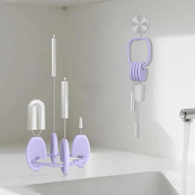 YOTIME Standing Straw Cleaner Brush Set, 4in1 Reusable Straw Brushes with Holder Ring, for Baby Bottles, Sippy Cups and Lids, Purple - Image 7