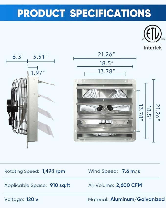 KEN BROWN 18 Inch Shutter Exhaust Fan, 2450CFM High Speed Wall Mounted Vent Fan with 1.65m Power Cord, Ideal for Garage, Attic, Greenhouse, Shed, Shop - Image 2