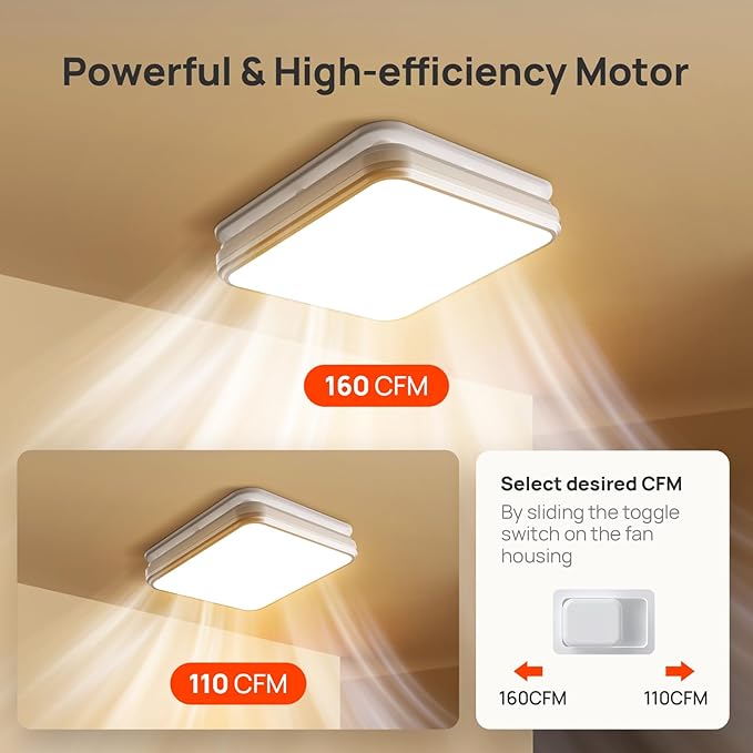 Consciot Bathroom Exhaust Fan with Light, 110/160 CFM Adjustable, 0.8/1.0 Sone, suitable for mounting hole 11.39 x 10.42 inches, Bath Ventilation Fan with 1500Lm LED Light 3CCT Selectable & Nightlight - Image 3