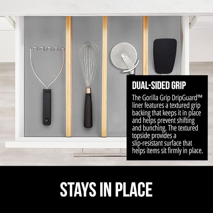 GORILLA GRIP DripGuard Shelf Liner, Non-Adhesive Drawer and Kitchen Cabinet Protector, 24x240 Inch, Strong Grip Slip Resistant Underside, Smooth Surface Liners for Cabinets, Bathrooms, Closets, Gray - Image 4