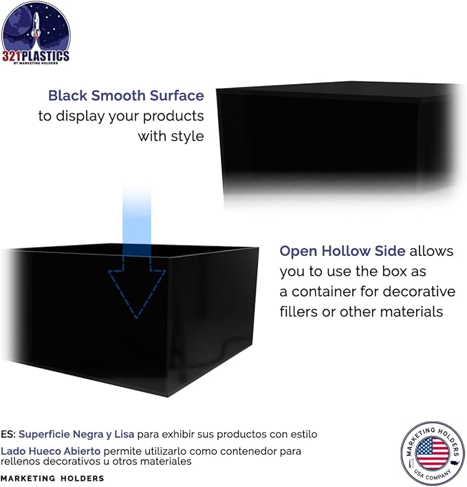 4 Pack Black Acrylic Display Box Versatile 5 Sided Pedestal Merchandise Storage Bin No Lid 7.25" x 7.25" x 4" Retail Product Riser One Open Side by Marketing Holders - Image 5