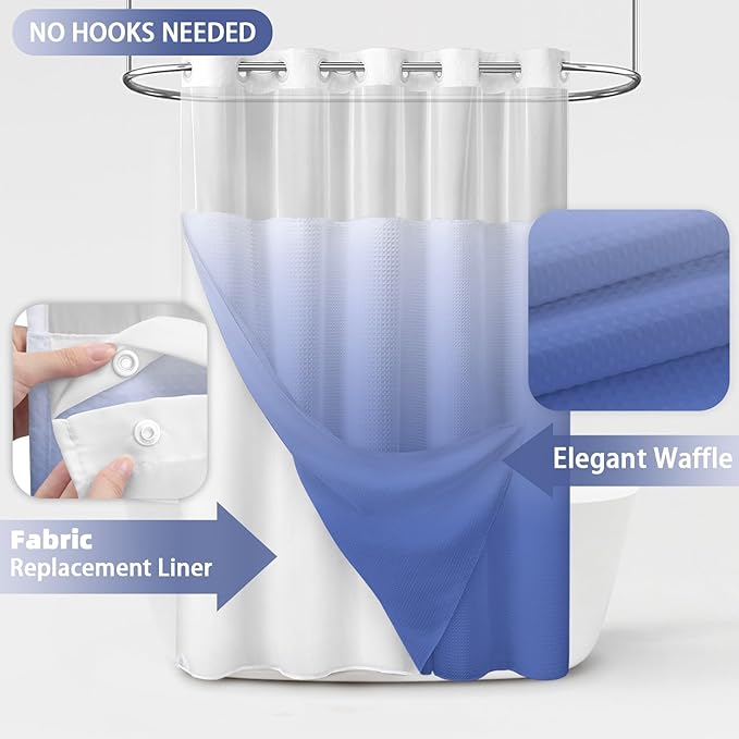 No Hook Shower Curtain and Liner Set,Ombre Light Blue Hotel Waffle Shower Curtain with Liner 75" L x 72" W - Image 2