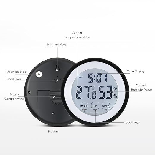 Digital Thermometer Hygrometer Clock, Temperature Humidity Monitor Alarm Clock Touch Screen with Backlight Magnetic Back for Home Office Baby Room (Yellow) - Image 4
