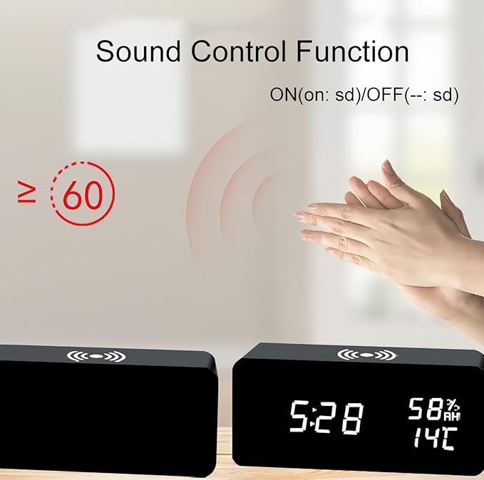 Lancoon Wooden Digital Alarm Clock with LED Wireless Charging Temperature and Humidity Display Adjustable Brightness Sound Control for Bedroom Home Office (Black) - Image 3