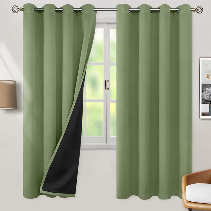 BGment Thermal Insulated 100% Blackout Curtains for Bedroom with Black Liner, Double Layer Full Room Darkening Noise Reducing Grommet Curtain (52 x 72 Inch, Grass Green, 2 Panels) by BGment