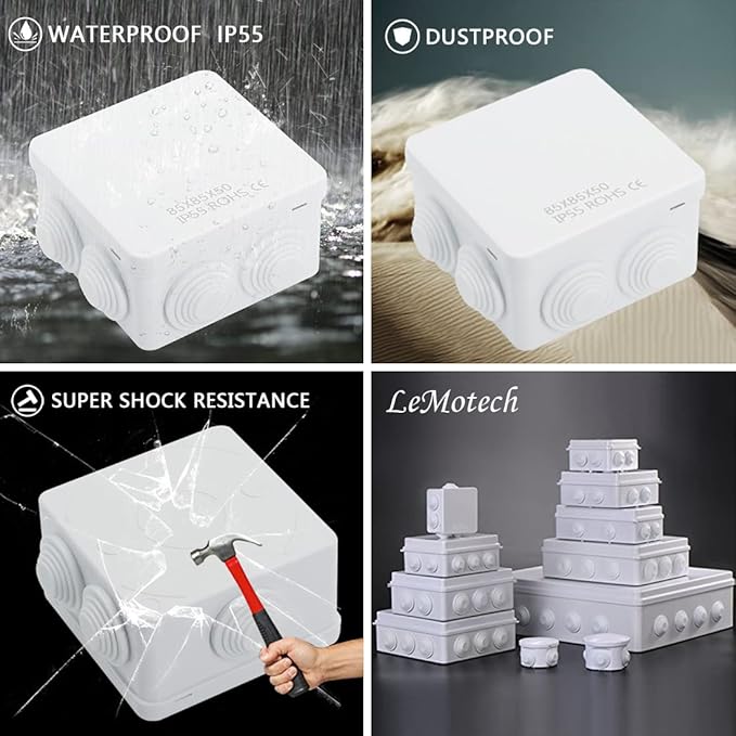 LeMotech ABS Plastic Dustproof Water Resistant IP55 Junction Box Universal Electrical Project Enclosure White 3.4 x 3.4 x 2 inch (85 x 85 x 50 mm) - Image 8