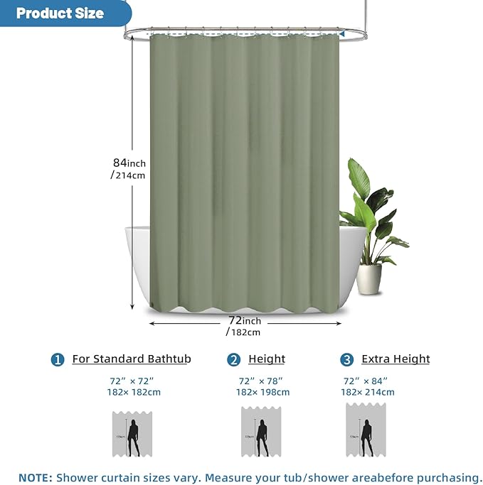 2-in-1 Waterproof Fabric Shower Curtain - No Separate Liner Needed, Hotel-Style Waffle Weave, Effortless Cleaning & Washable Bathroom Shower Curtain Set,72Wx84H,SageGreen - Image 3