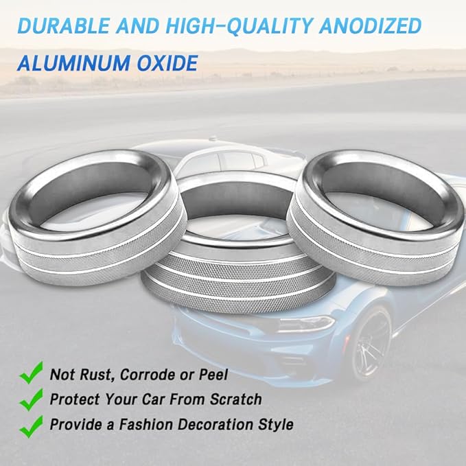 3PCS Air Conditioner Switch Button Knob Cover, Auto Accessories Climate Control Knob Covers, Aluminum Alloy Knob Ring Trim Cover Compatible with Dodge Challenger Durango 2015-2022 (Silver) - Image 7