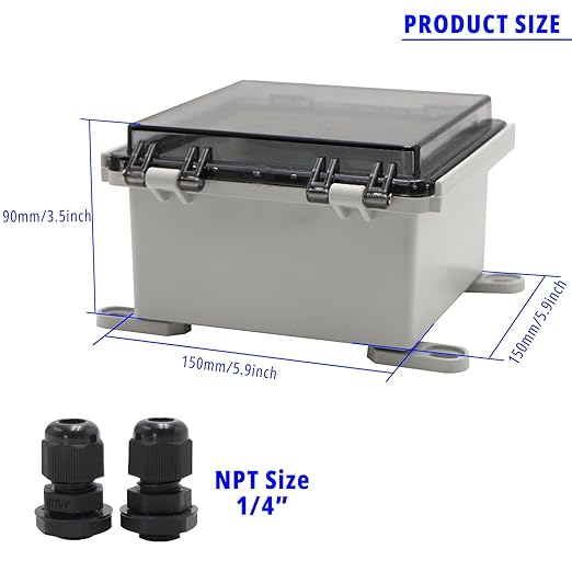 MAKERELE Small Junction Box Plastic Hinged Cover Transparent Lid IP67 Outdoor Electrical Project with Plastic Enclosure 5.9×5.9×3.5 inch(150×150×90mm) - Image 2